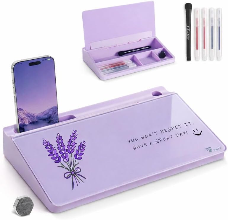 TOWON Small Compact Glass Desktop Whiteboard with Storage – 12 x 7 in Dry Erase Board for Desk, Home Office, School | Includes 5 Markers, Eraser & Holder | Space-Saving Organizer, Aesthetic Lavender - Image 1